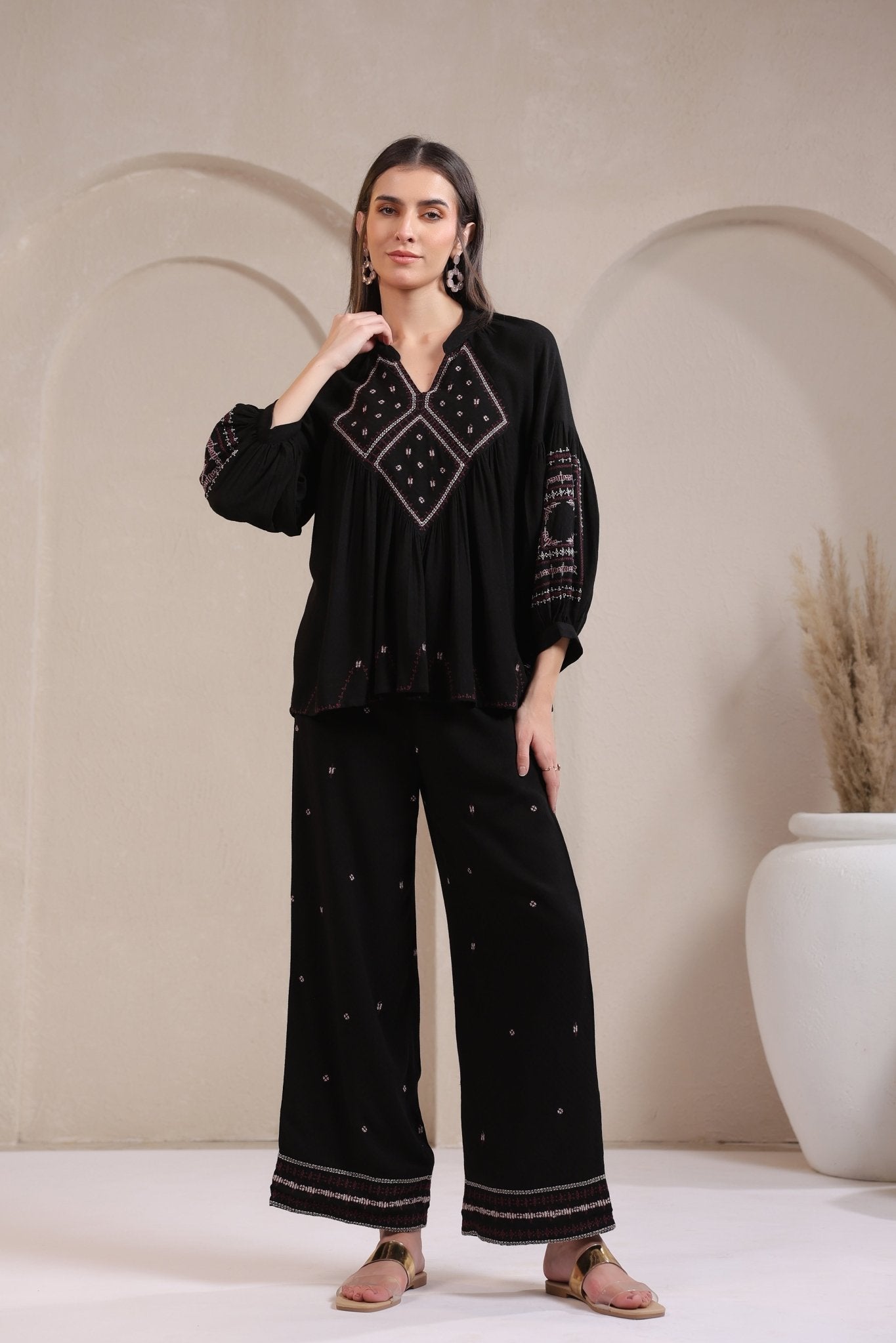 Chic Black Cotton Flex Co - ord Set with Ethnic Embroidery - Nyaro