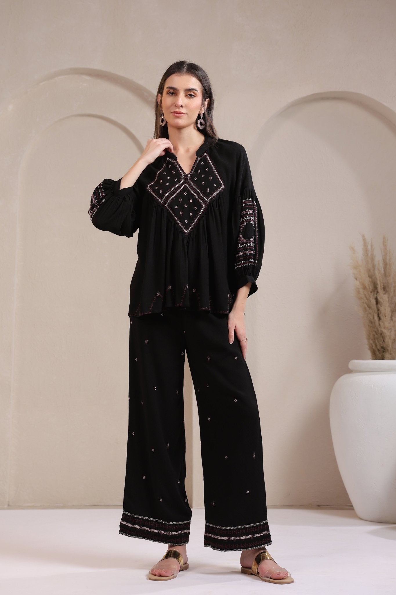 Chic Black Cotton Flex Co - ord Set with Ethnic Embroidery - Nyaro