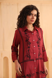 Crimson Red Embroidered Cotton Linen Shirt Style Top for Women - Nyaro