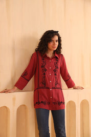 Crimson Red Embroidered Cotton Linen Shirt Style Top for Women - Nyaro