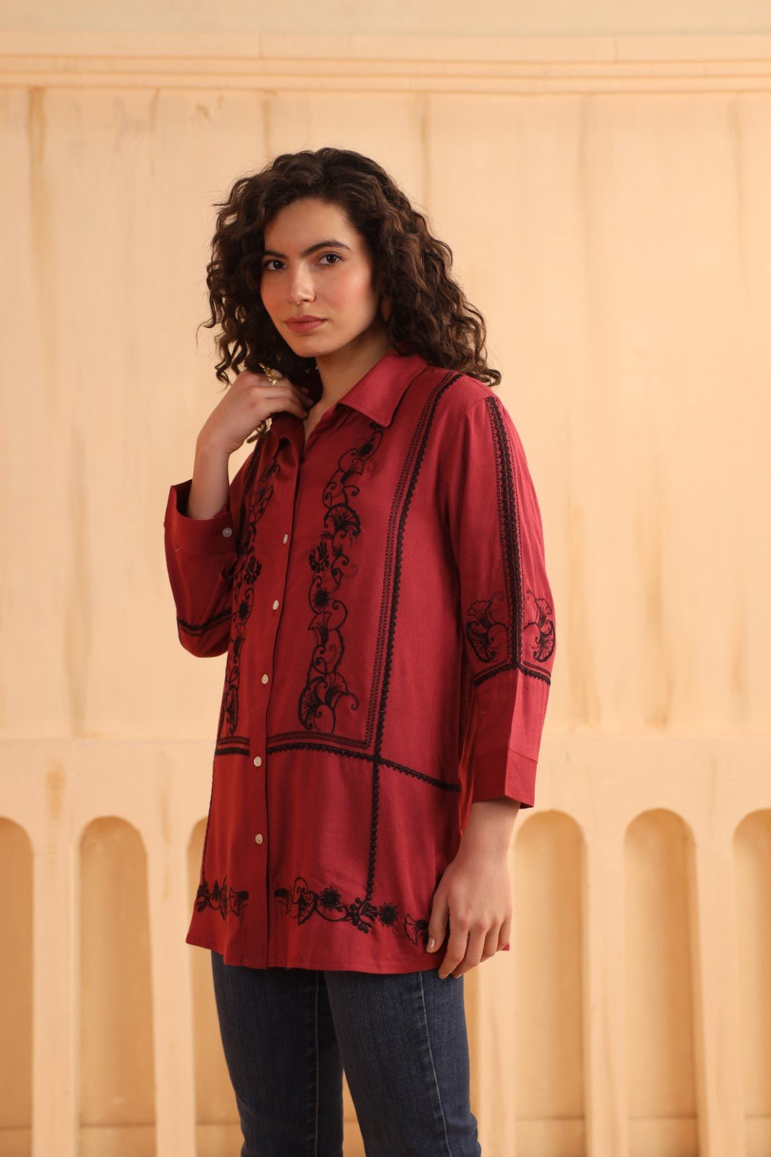 Crimson Red Embroidered Cotton Linen Shirt Style Top for Women - Nyaro
