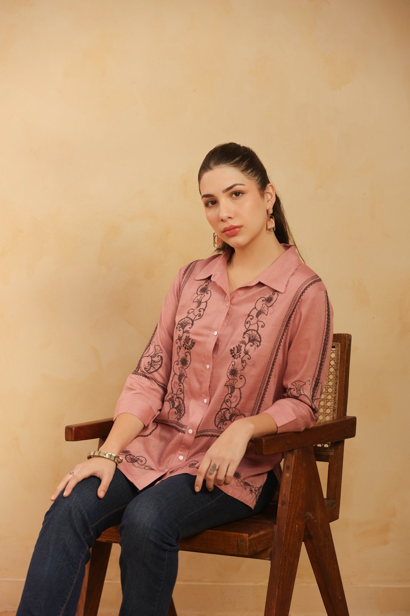 Dusty Pink Embroidered Cotton Linen Shirt Style Top for Women - Nyaro