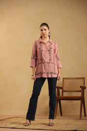 Dusty Pink Embroidered Cotton Linen Shirt Style Top for Women - Nyaro