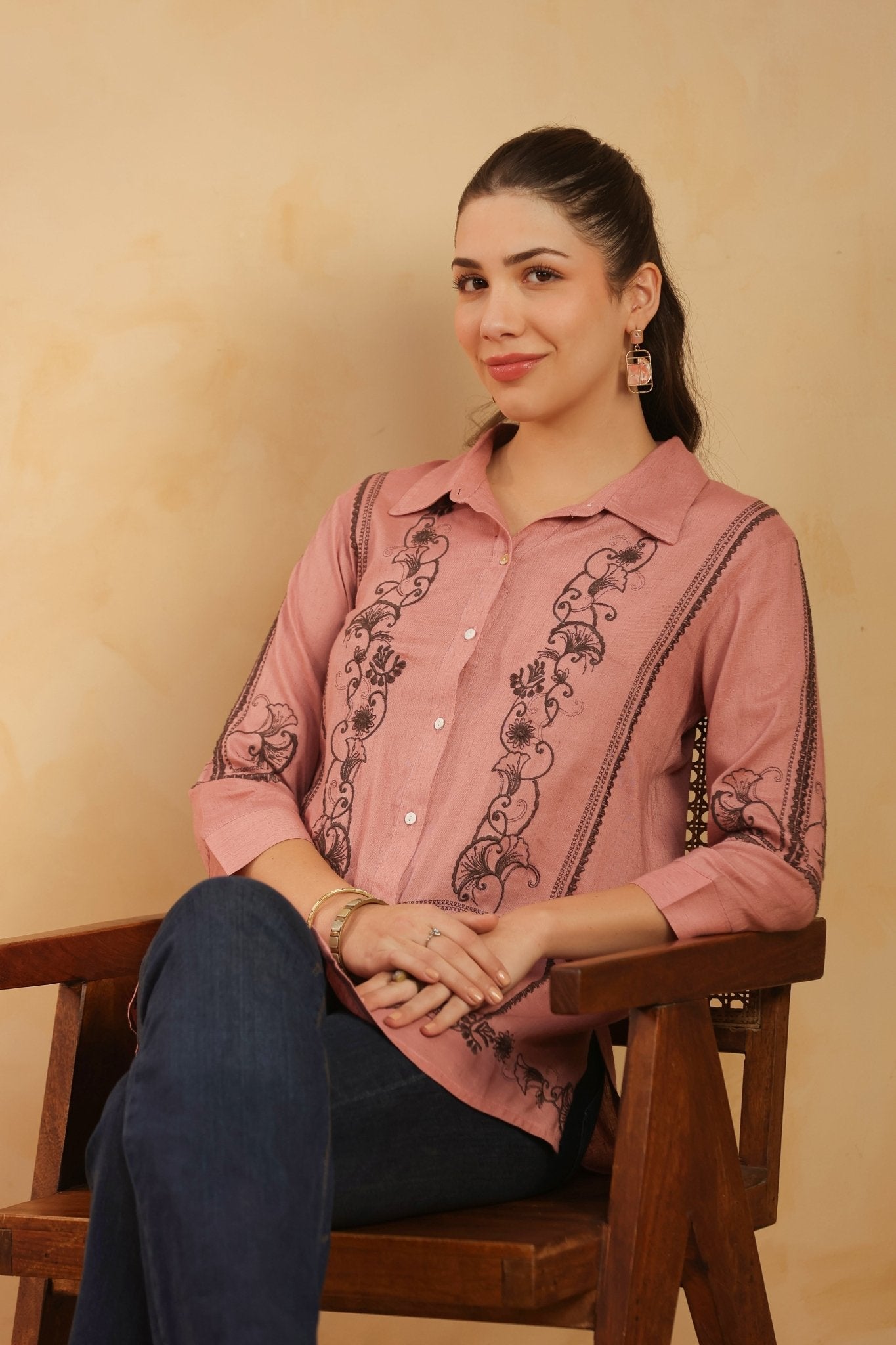 Dusty Pink Embroidered Cotton Linen Shirt Style Top for Women - Nyaro