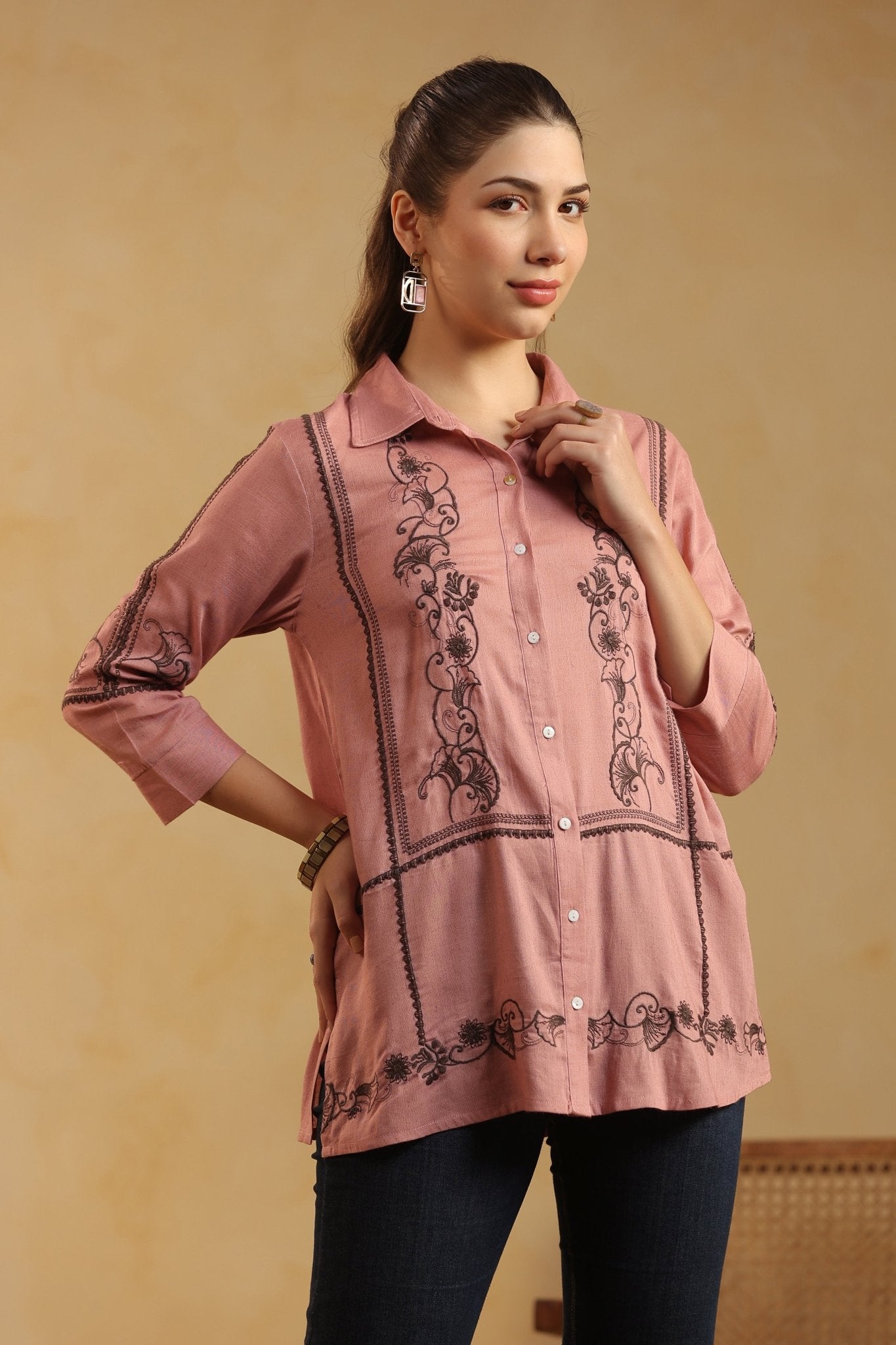 Dusty Pink Embroidered Cotton Linen Shirt Style Top for Women - Nyaro