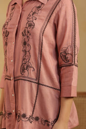 Dusty Pink Embroidered Cotton Linen Shirt Style Top for Women - Nyaro