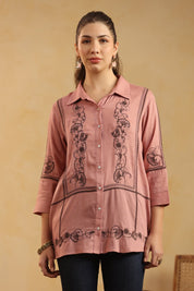 Dusty Pink Embroidered Cotton Linen Shirt Style Top for Women - Nyaro