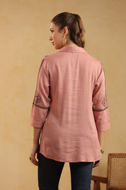 Dusty Pink Embroidered Cotton Linen Shirt Style Top for Women - Nyaro