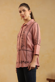 Dusty Pink Embroidered Cotton Linen Shirt Style Top for Women - Nyaro