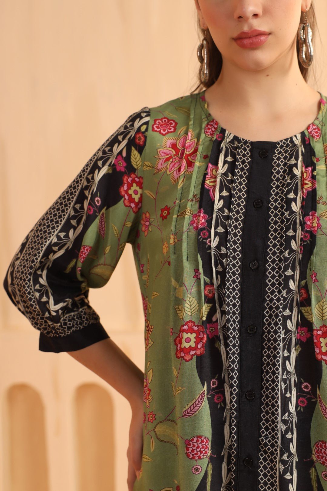 Green & Black Floral Printed Viscose Santoon Jacket Style Co - Ord Set for Women - Nyaro