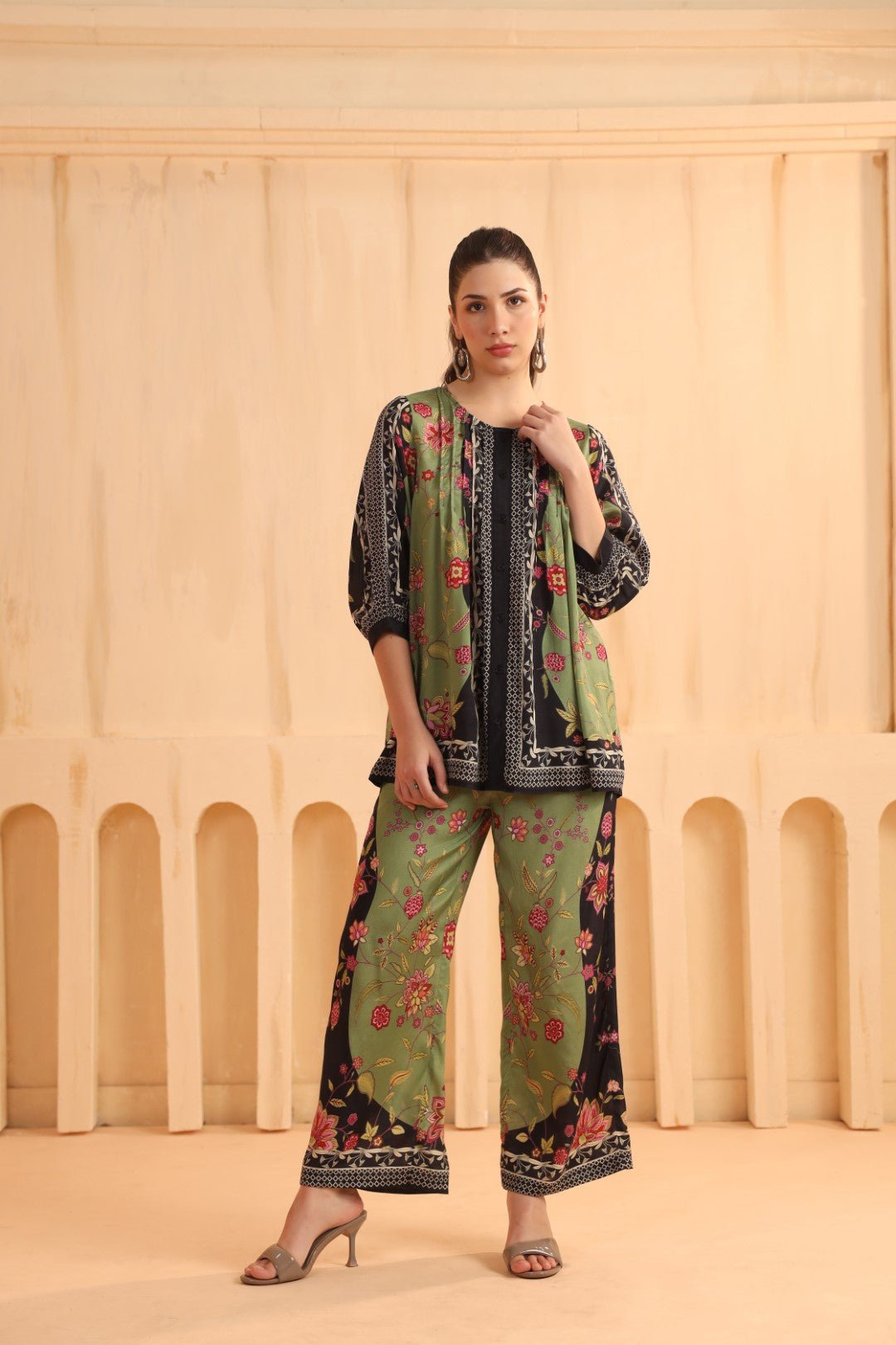 Green & Black Floral Printed Viscose Santoon Jacket Style Co - Ord Set for Women - Nyaro