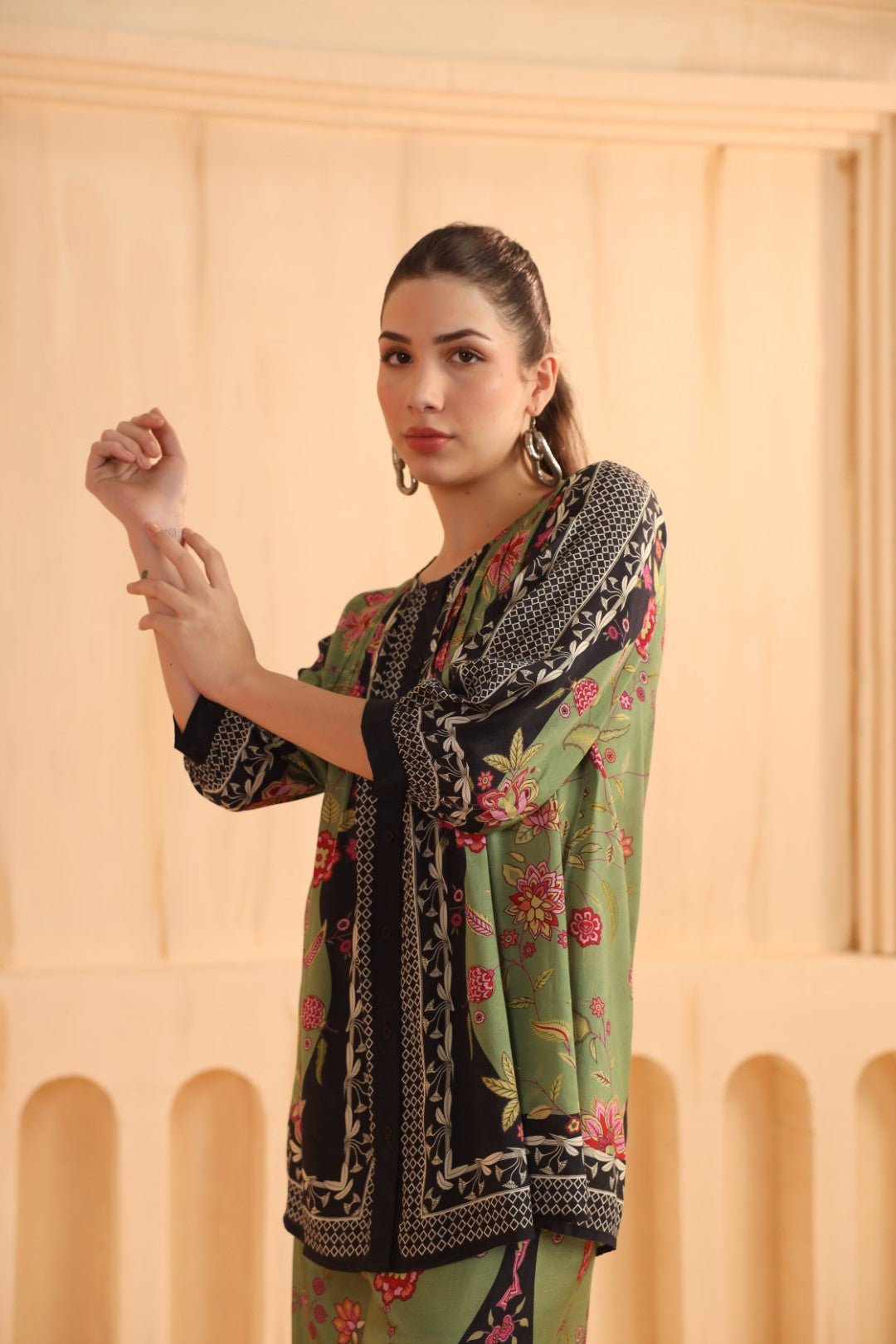 Green & Black Floral Printed Viscose Santoon Jacket Style Co - Ord Set for Women - Nyaro