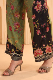 Green & Black Floral Printed Viscose Santoon Jacket Style Co - Ord Set for Women - Nyaro