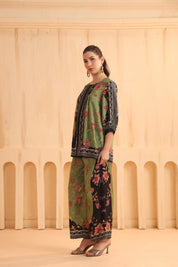 Green & Black Floral Printed Viscose Santoon Jacket Style Co - Ord Set for Women - Nyaro