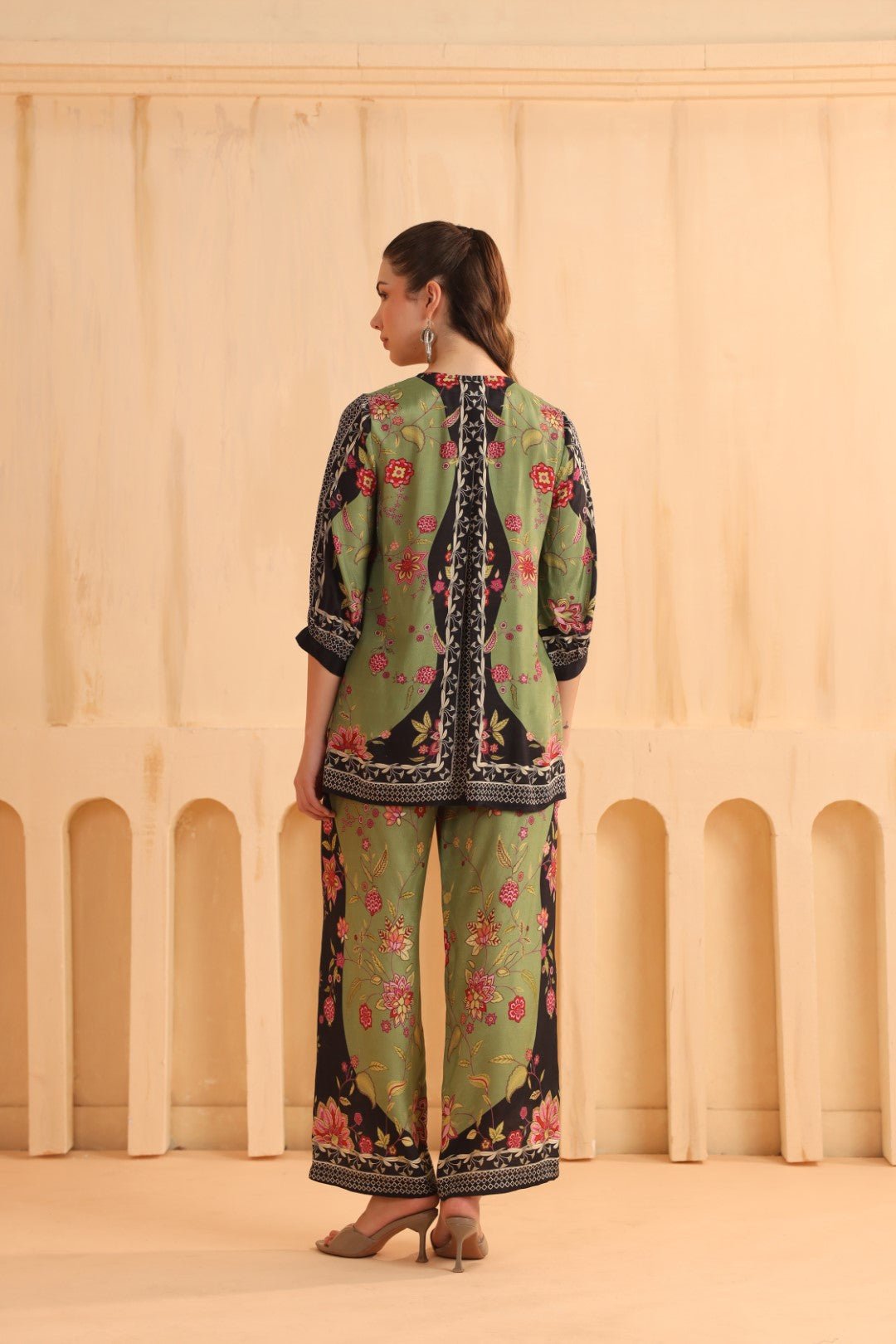 Green & Black Floral Printed Viscose Santoon Jacket Style Co - Ord Set for Women - Nyaro