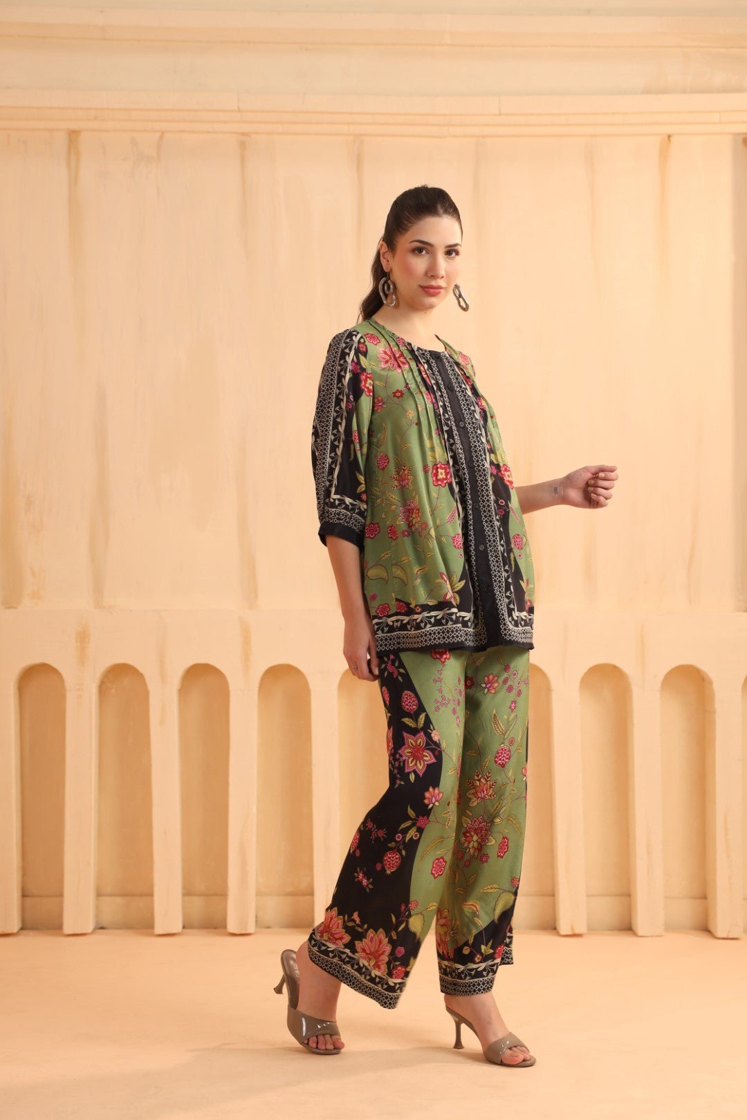 Green & Black Floral Printed Viscose Santoon Jacket Style Co - Ord Set for Women - Nyaro