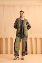 Green & Black Floral Printed Viscose Santoon Jacket Style Co - Ord Set for Women - Nyaro