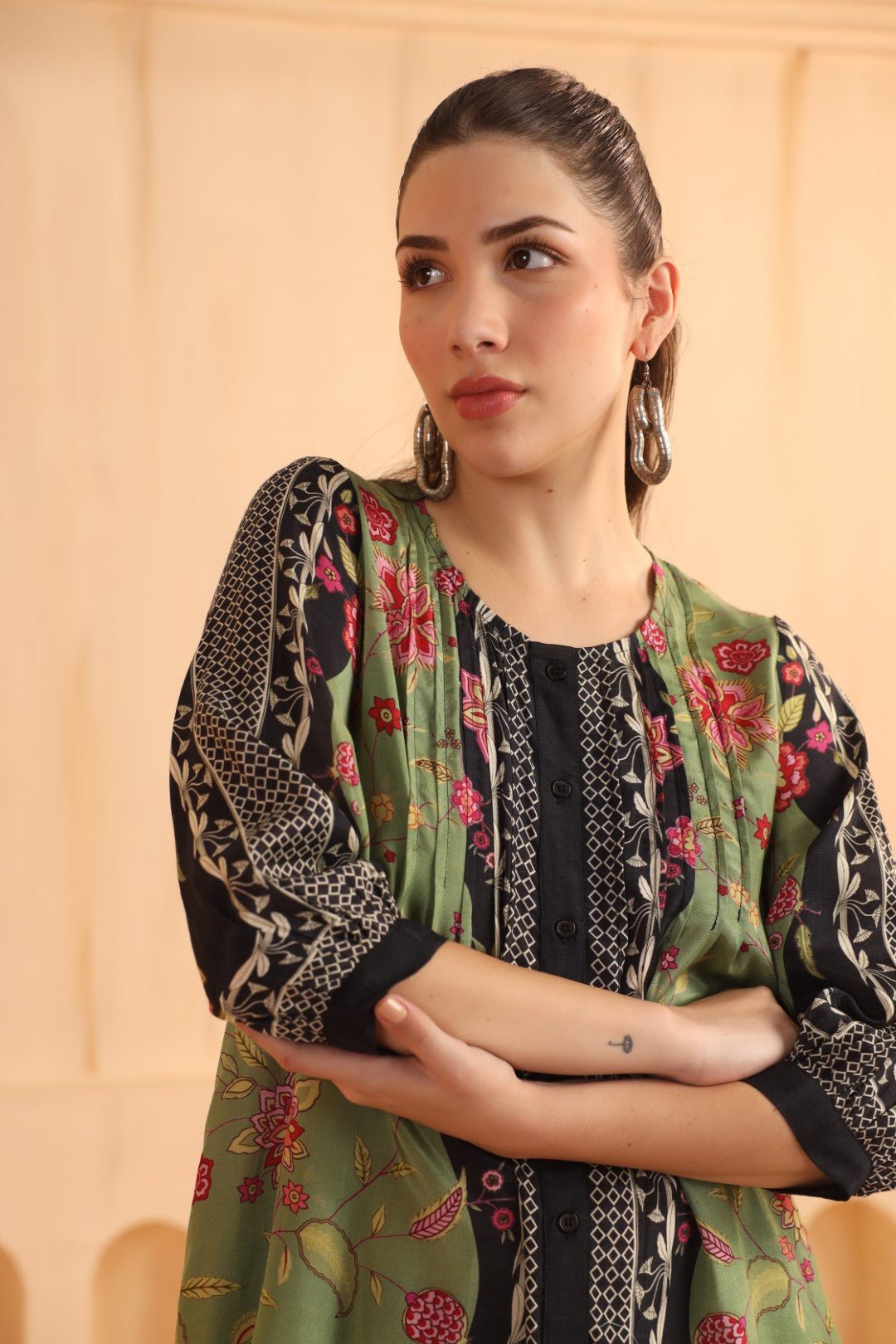 Green & Black Floral Printed Viscose Santoon Jacket Style Co - Ord Set for Women - Nyaro