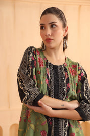 Green & Black Floral Printed Viscose Santoon Jacket Style Co - Ord Set for Women - Nyaro