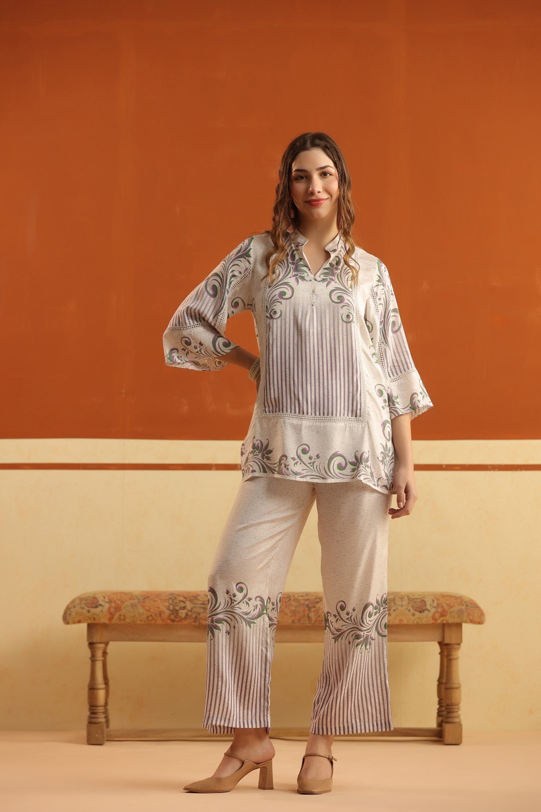 Ivory Blue Floral Printed Viscose Shirt Pant Co - Ord Set for Women - Nyaro