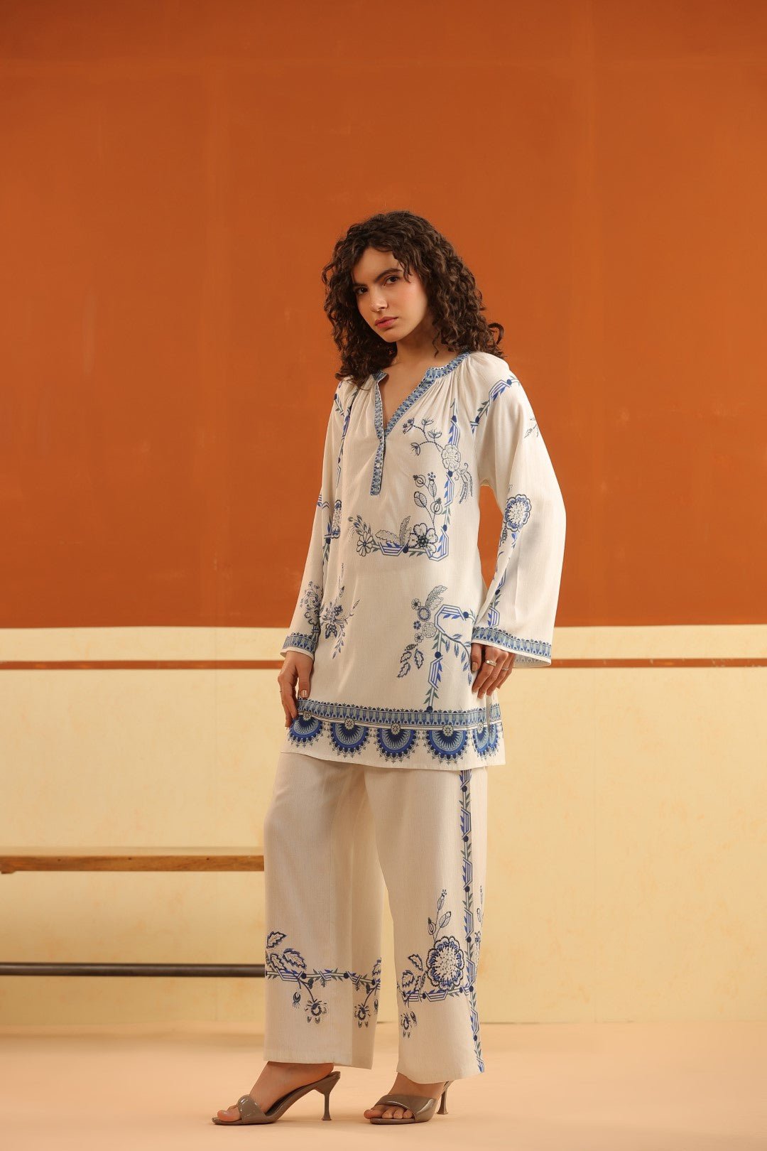 Ivory Blue Floral Printed Viscose Shirt Pant Co - Ord Set for Women - Nyaro