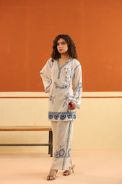 Ivory Blue Floral Printed Viscose Shirt Pant Co - Ord Set for Women - Nyaro