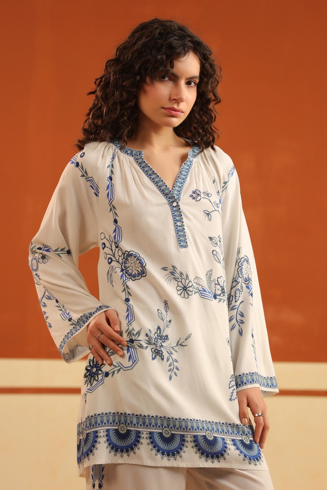 Ivory Blue Floral Printed Viscose Shirt Pant Co - Ord Set for Women - Nyaro