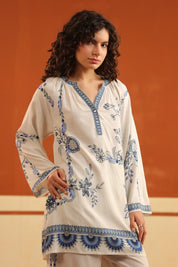 Ivory Blue Floral Printed Viscose Shirt Pant Co - Ord Set for Women - Nyaro