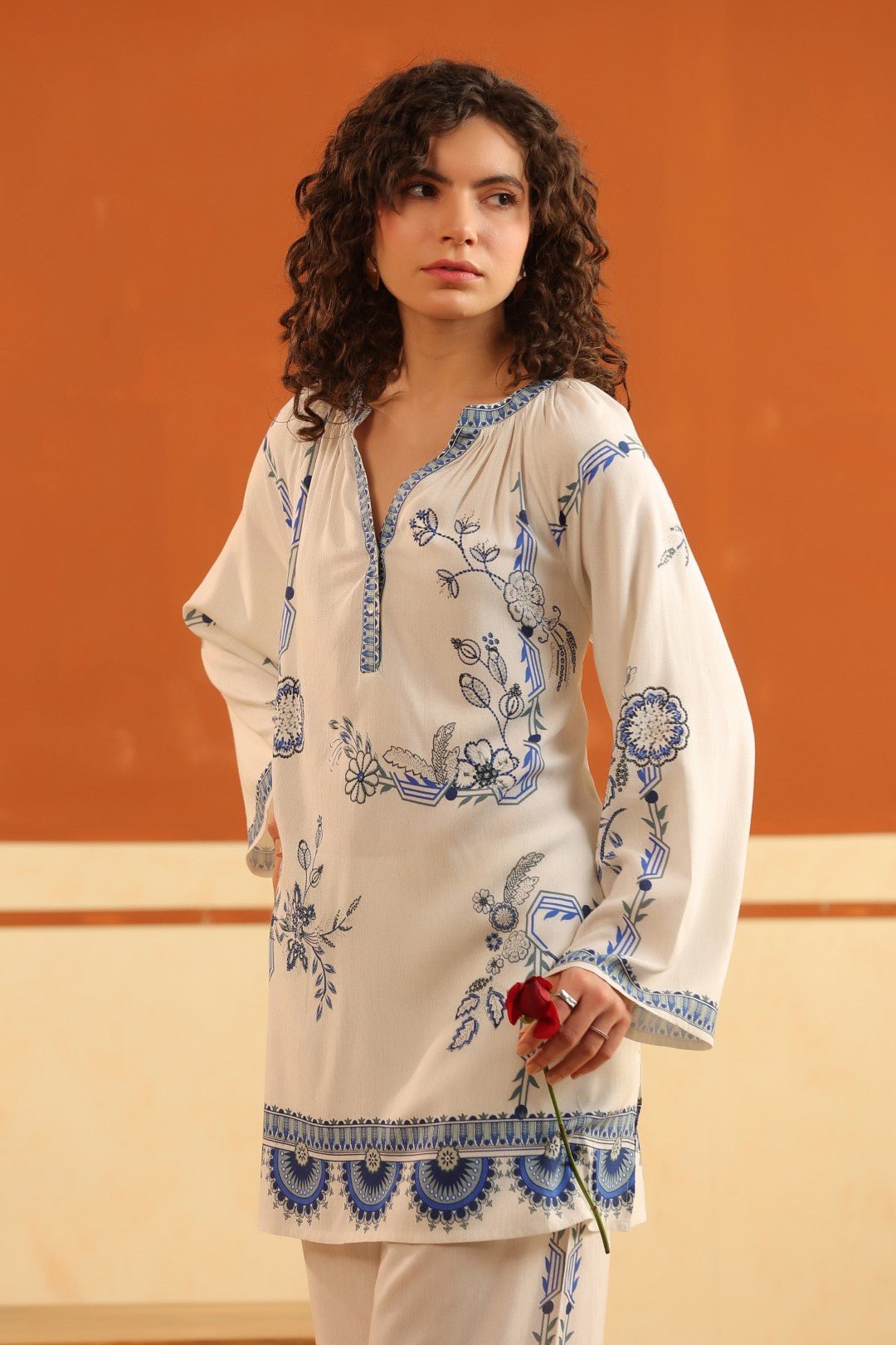 Ivory Blue Floral Printed Viscose Shirt Pant Co - Ord Set for Women - Nyaro