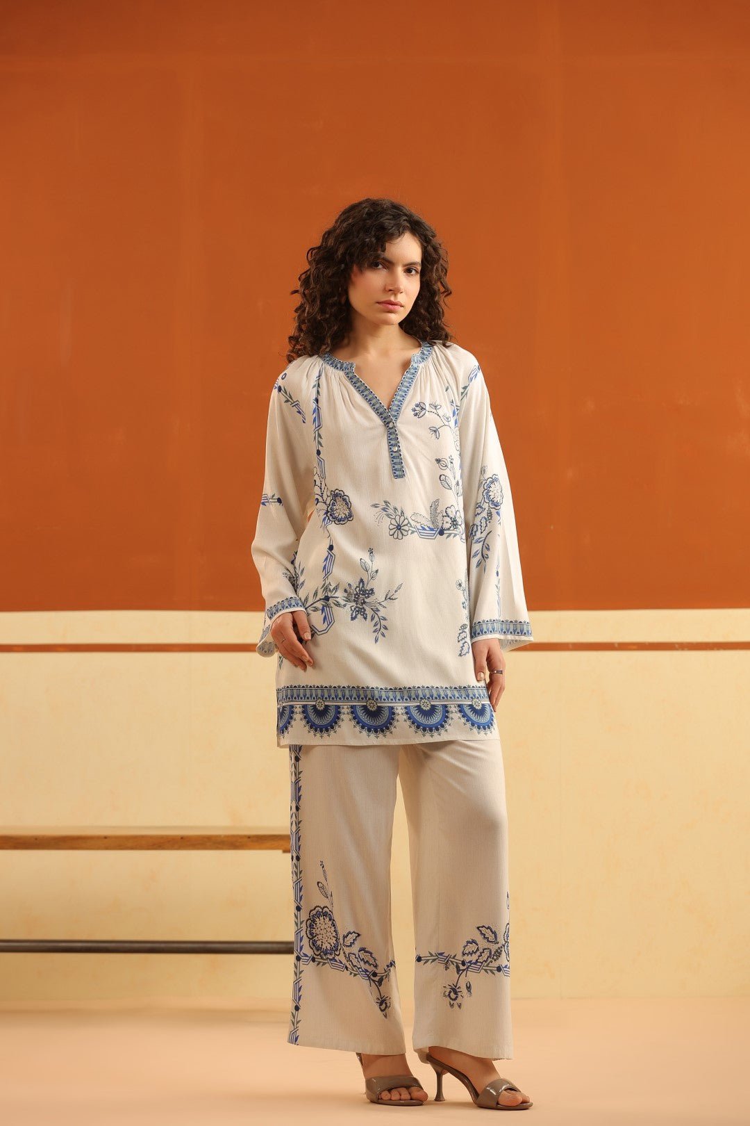 Ivory Blue Floral Printed Viscose Shirt Pant Co - Ord Set for Women - Nyaro
