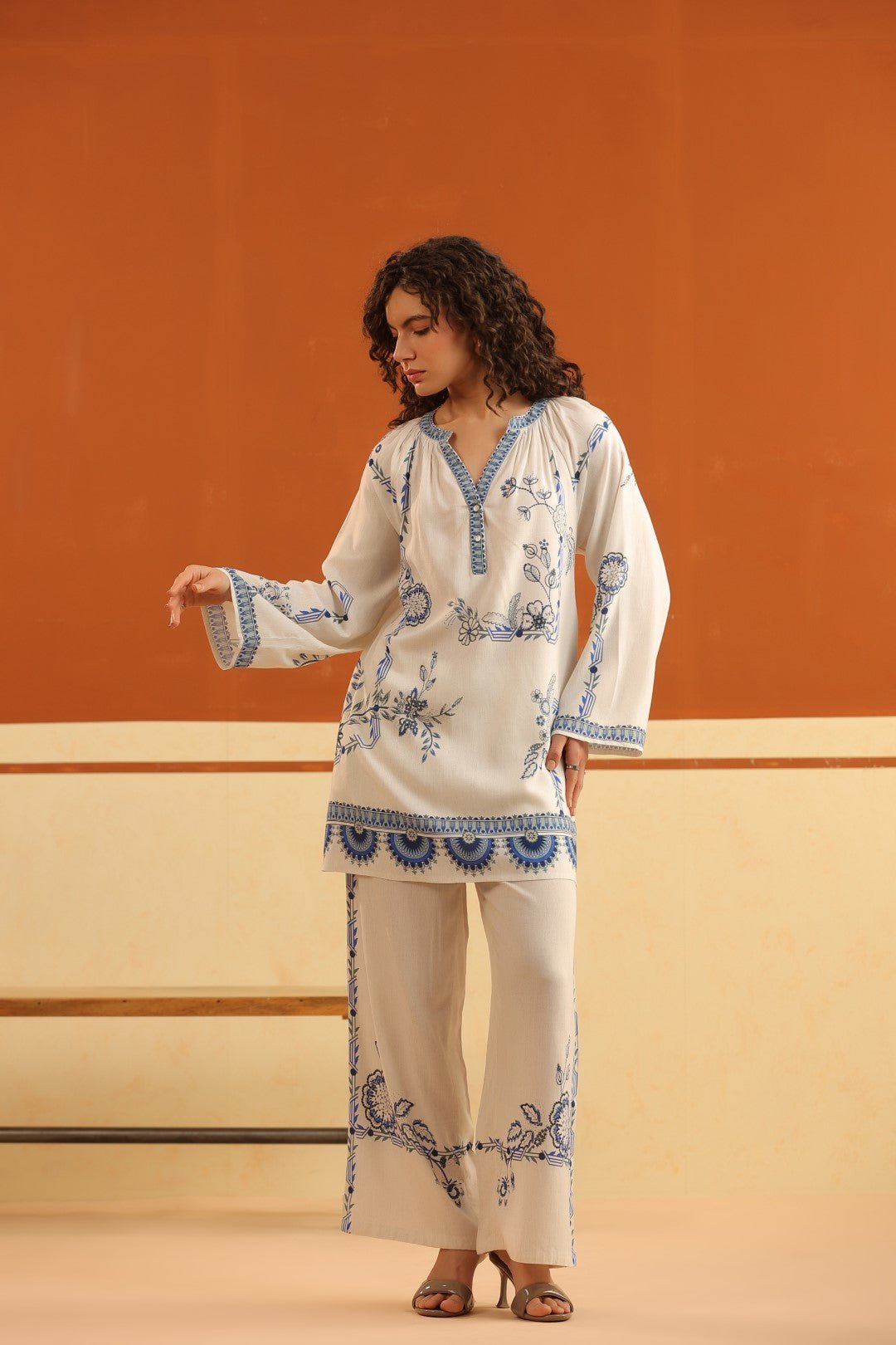 Ivory Blue Floral Printed Viscose Shirt Pant Co - Ord Set for Women - Nyaro