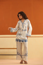 Ivory Blue Floral Printed Viscose Shirt Pant Co - Ord Set for Women - Nyaro