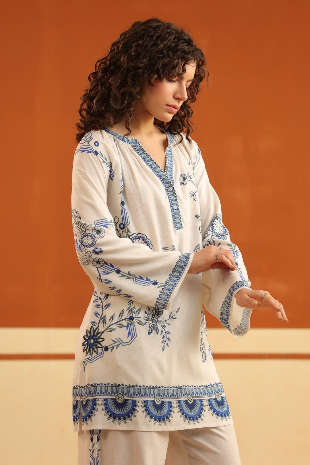 Ivory Blue Floral Printed Viscose Shirt Pant Co - Ord Set for Women - Nyaro