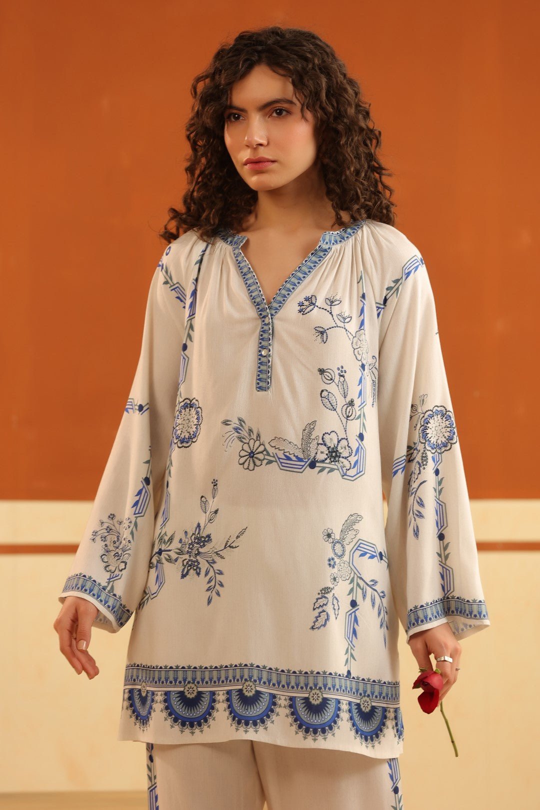 Ivory Blue Floral Printed Viscose Shirt Pant Co - Ord Set for Women - Nyaro