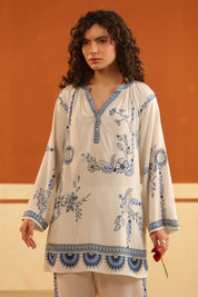 Ivory Blue Floral Printed Viscose Shirt Pant Co - Ord Set for Women - Nyaro