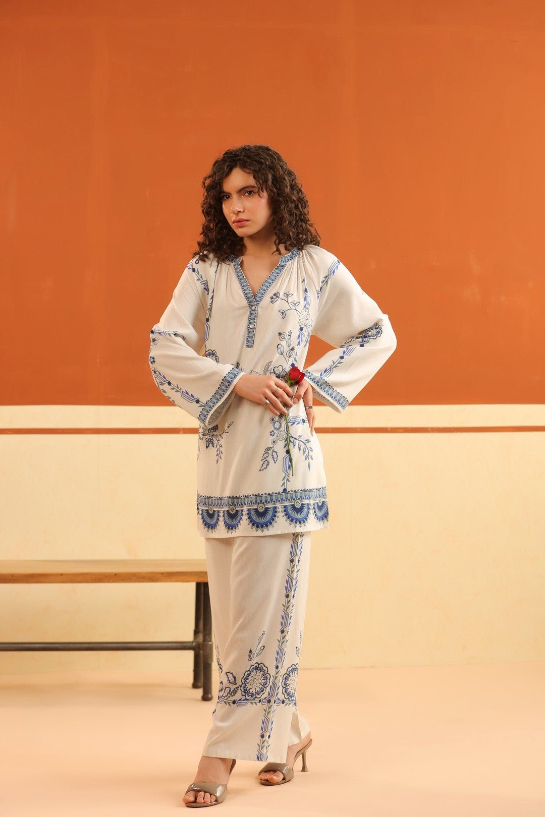 Ivory Blue Floral Printed Viscose Shirt Pant Co - Ord Set for Women - Nyaro