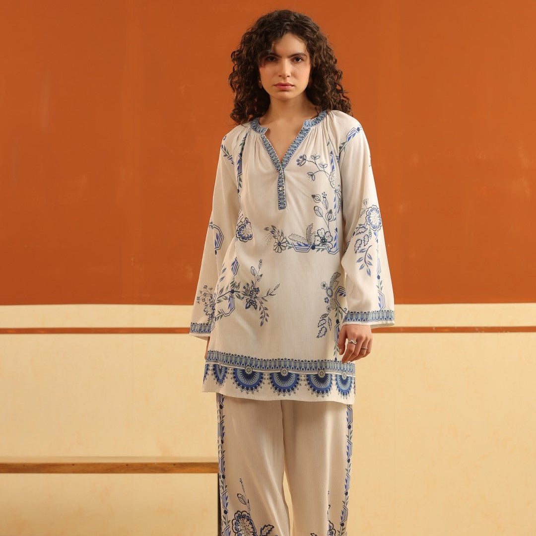 Ivory Blue Floral Printed Viscose Shirt Pant Co - Ord Set for Women - Nyaro