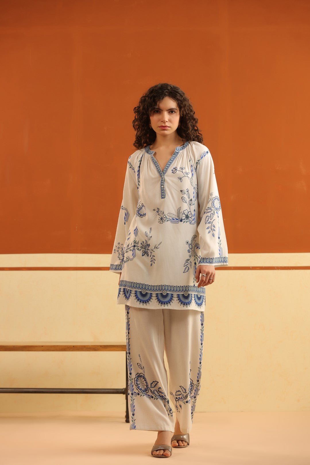 Ivory Blue Floral Printed Viscose Shirt Pant Co - Ord Set for Women - Nyaro