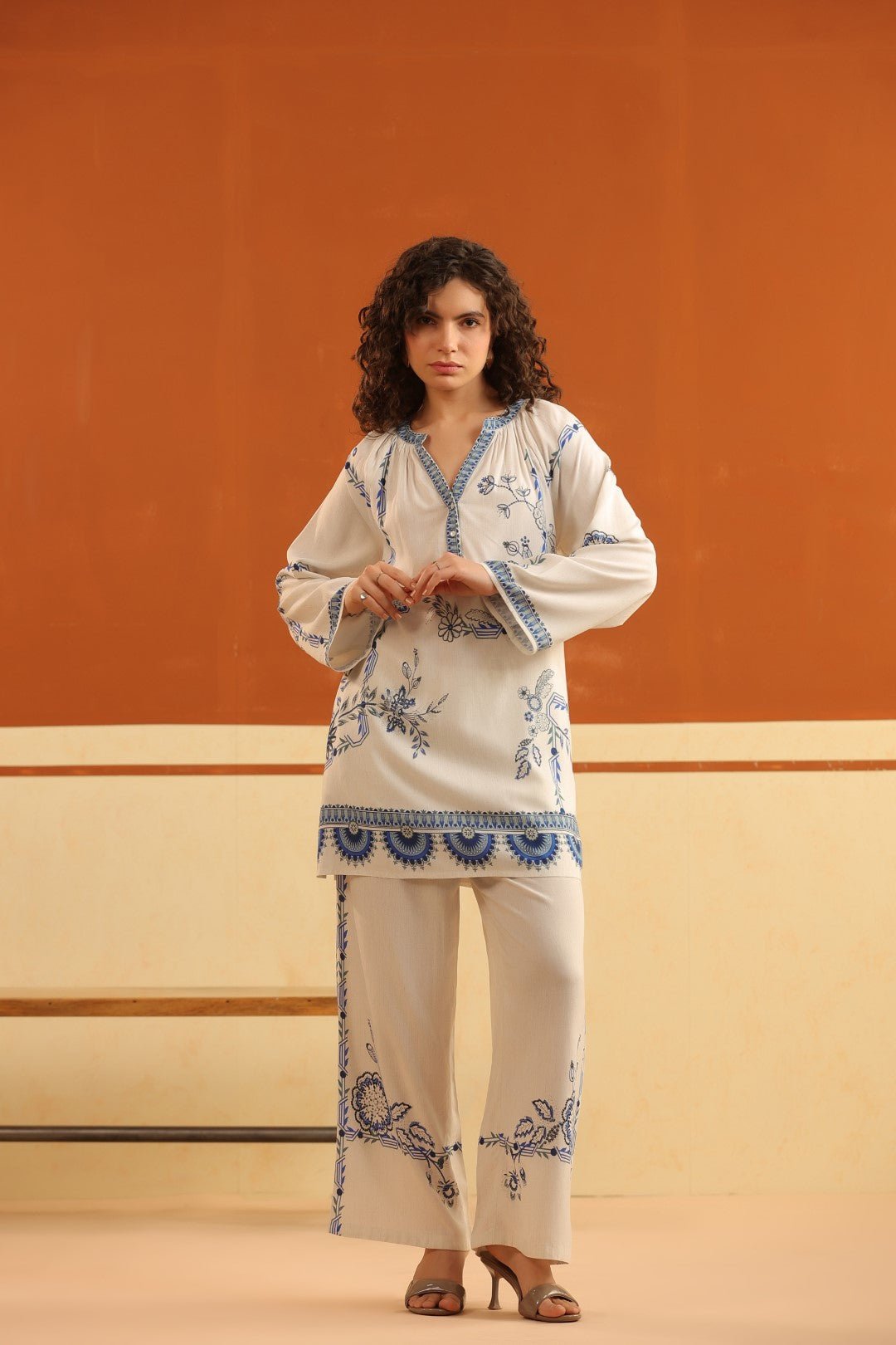 Ivory Blue Floral Printed Viscose Shirt Pant Co - Ord Set for Women - Nyaro