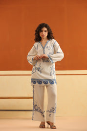 Ivory Blue Floral Printed Viscose Shirt Pant Co - Ord Set for Women - Nyaro