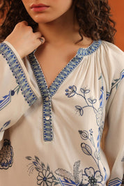 Ivory Blue Floral Printed Viscose Shirt Pant Co - Ord Set for Women - Nyaro