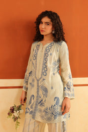 Ivory & Blue Printed Viscose Santoon Kurti & Pant Set for Women - Nyaro