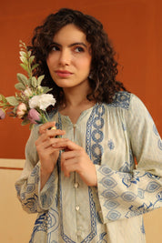 Ivory & Blue Printed Viscose Santoon Kurti & Pant Set for Women - Nyaro