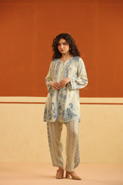 Ivory & Blue Printed Viscose Santoon Kurti & Pant Set for Women - Nyaro