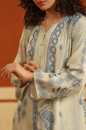 Ivory & Blue Printed Viscose Santoon Kurti & Pant Set for Women - Nyaro