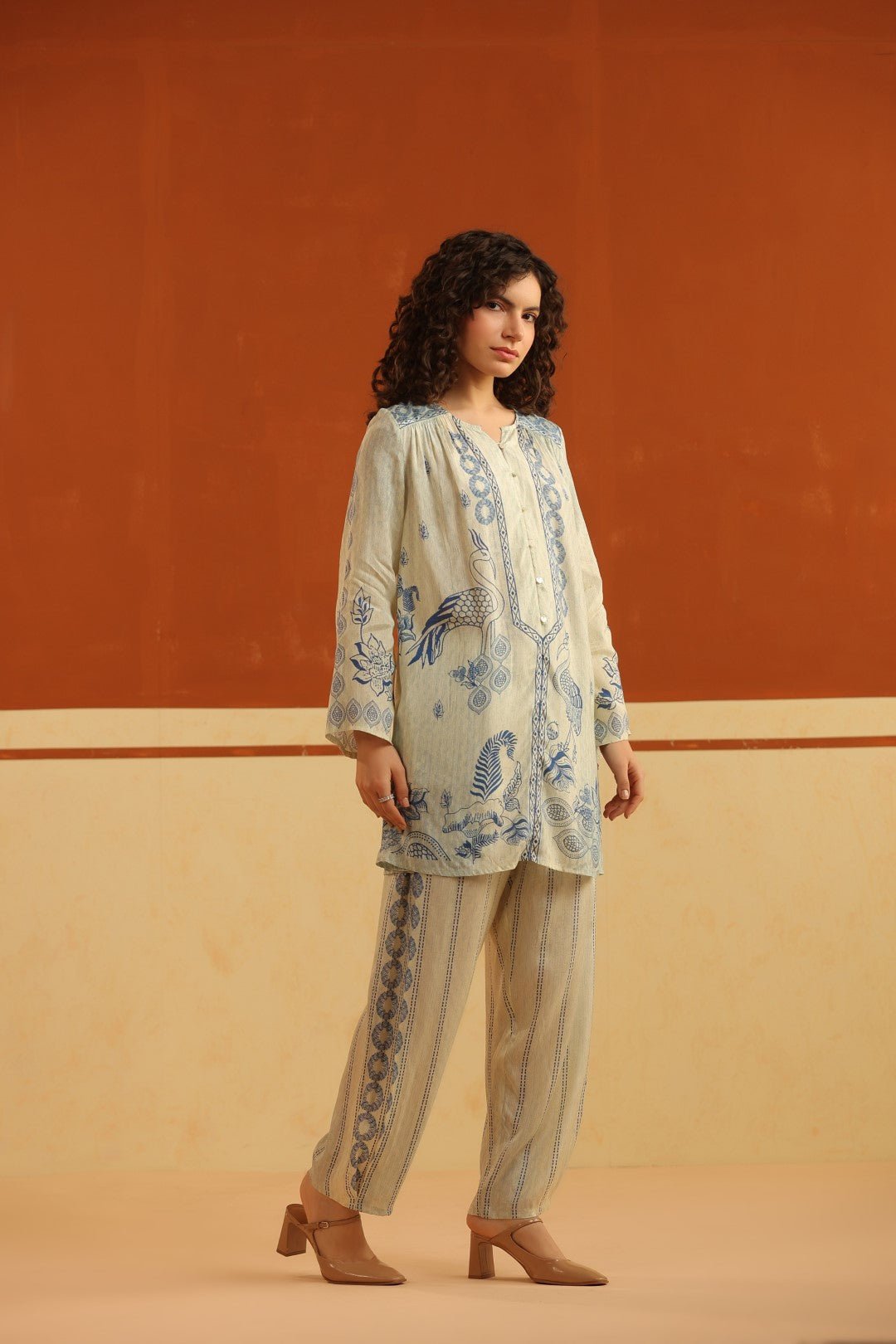 Ivory & Blue Printed Viscose Santoon Kurti & Pant Set for Women - Nyaro