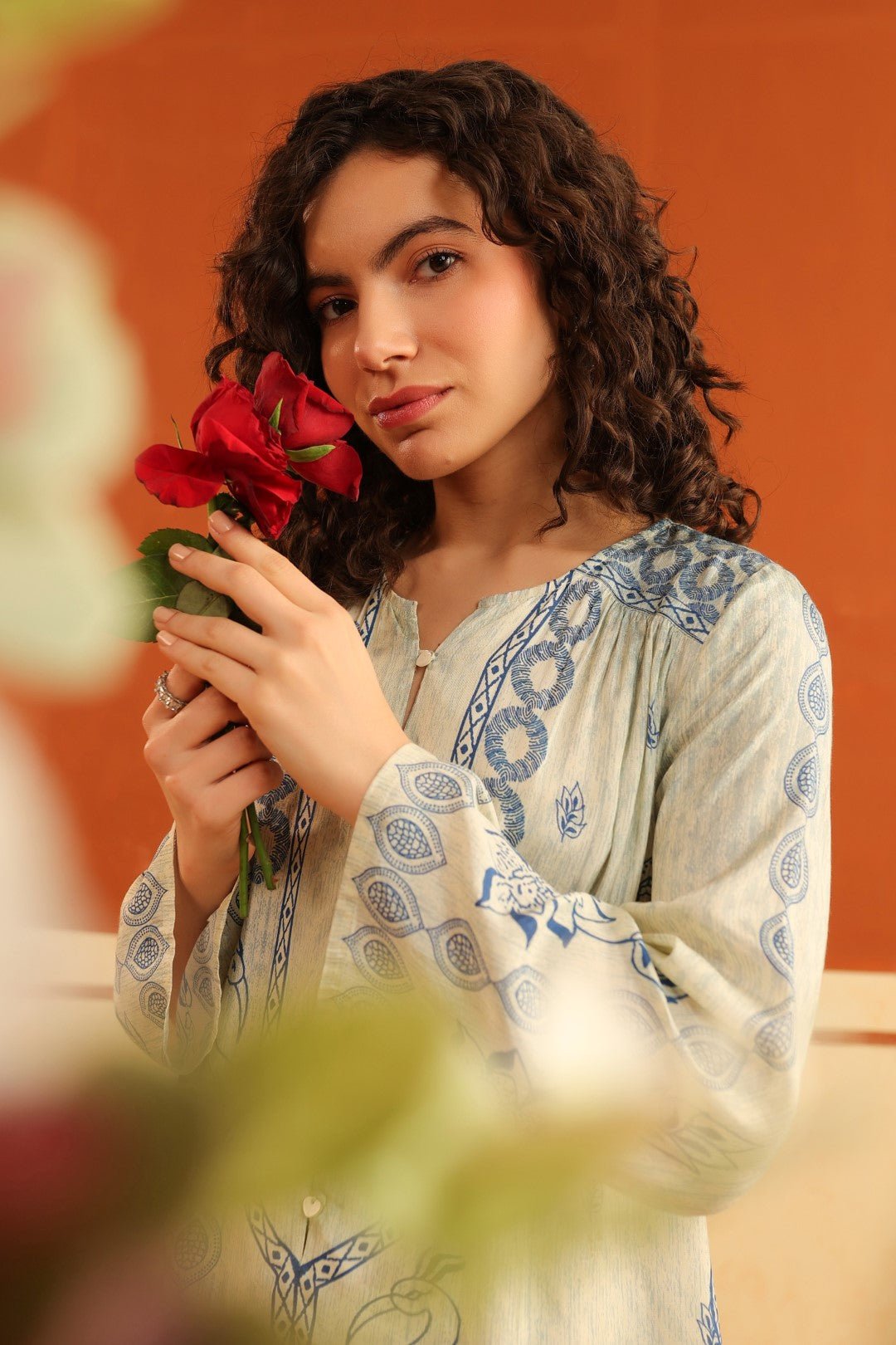 Ivory & Blue Printed Viscose Santoon Kurti & Pant Set for Women - Nyaro