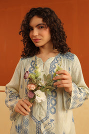 Ivory & Blue Printed Viscose Santoon Kurti & Pant Set for Women - Nyaro