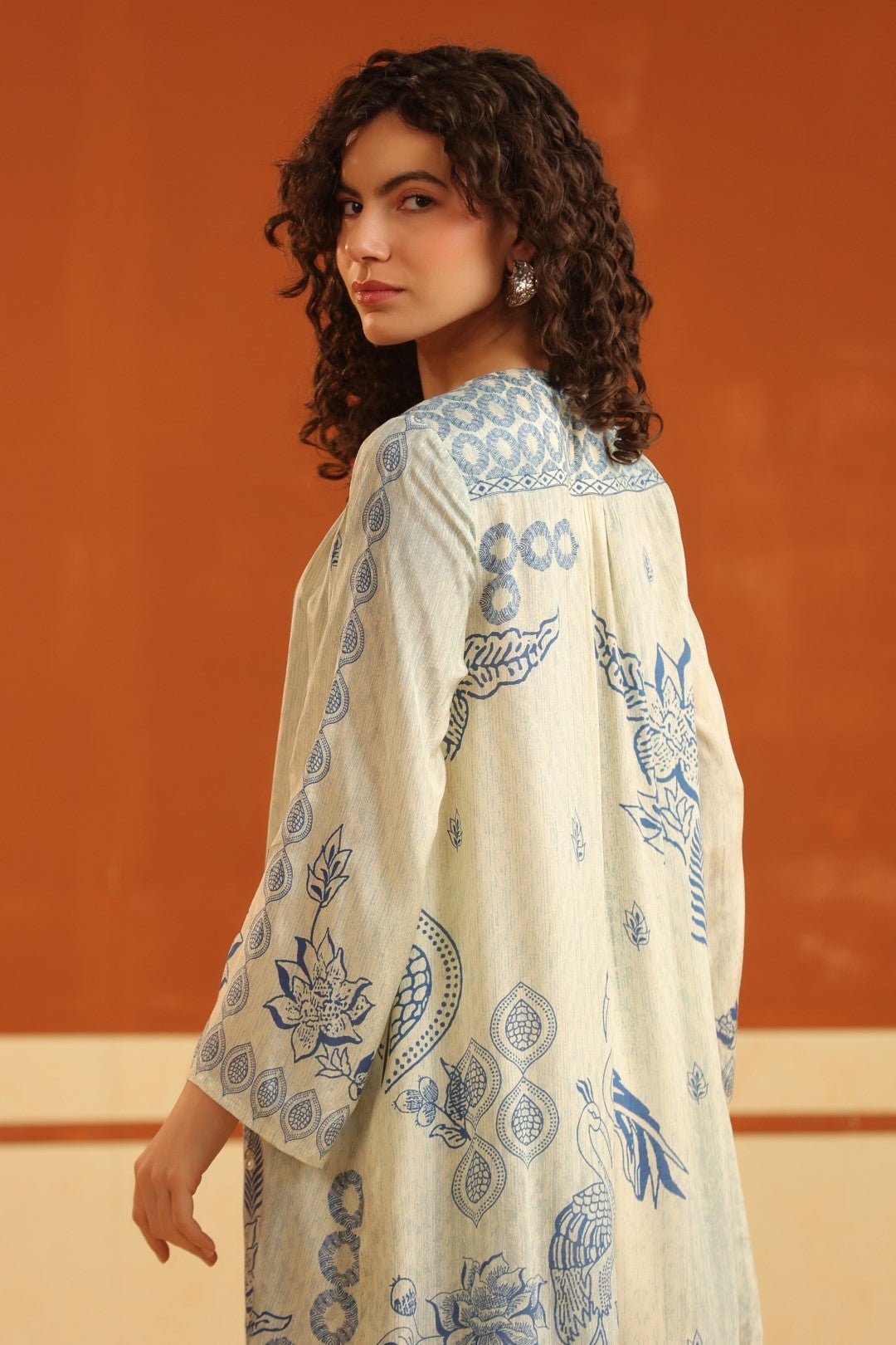 Ivory & Blue Printed Viscose Santoon Kurti & Pant Set for Women - Nyaro