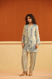 Ivory & Blue Printed Viscose Santoon Kurti & Pant Set for Women - Nyaro